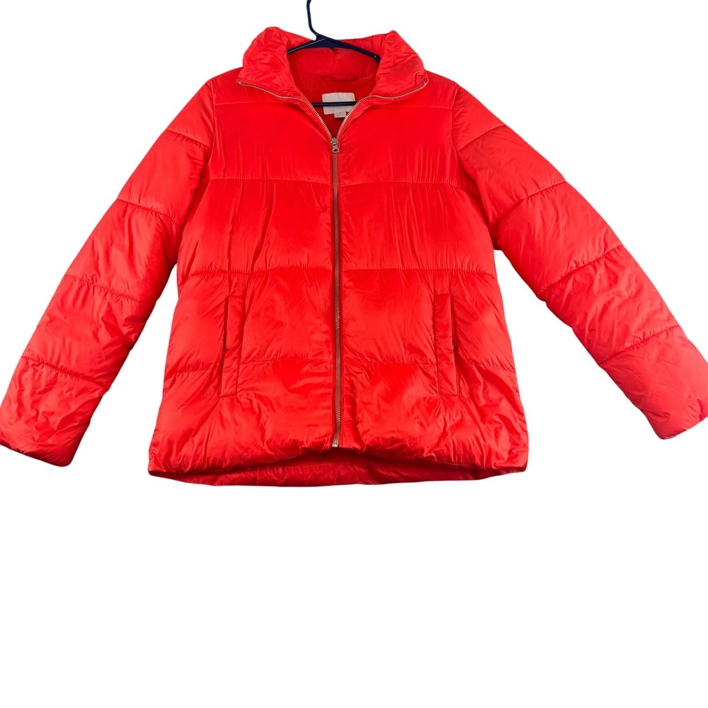 Old Navy Womens Red Quilted Puffer Jacket Fleece Lined Full Zip Size M